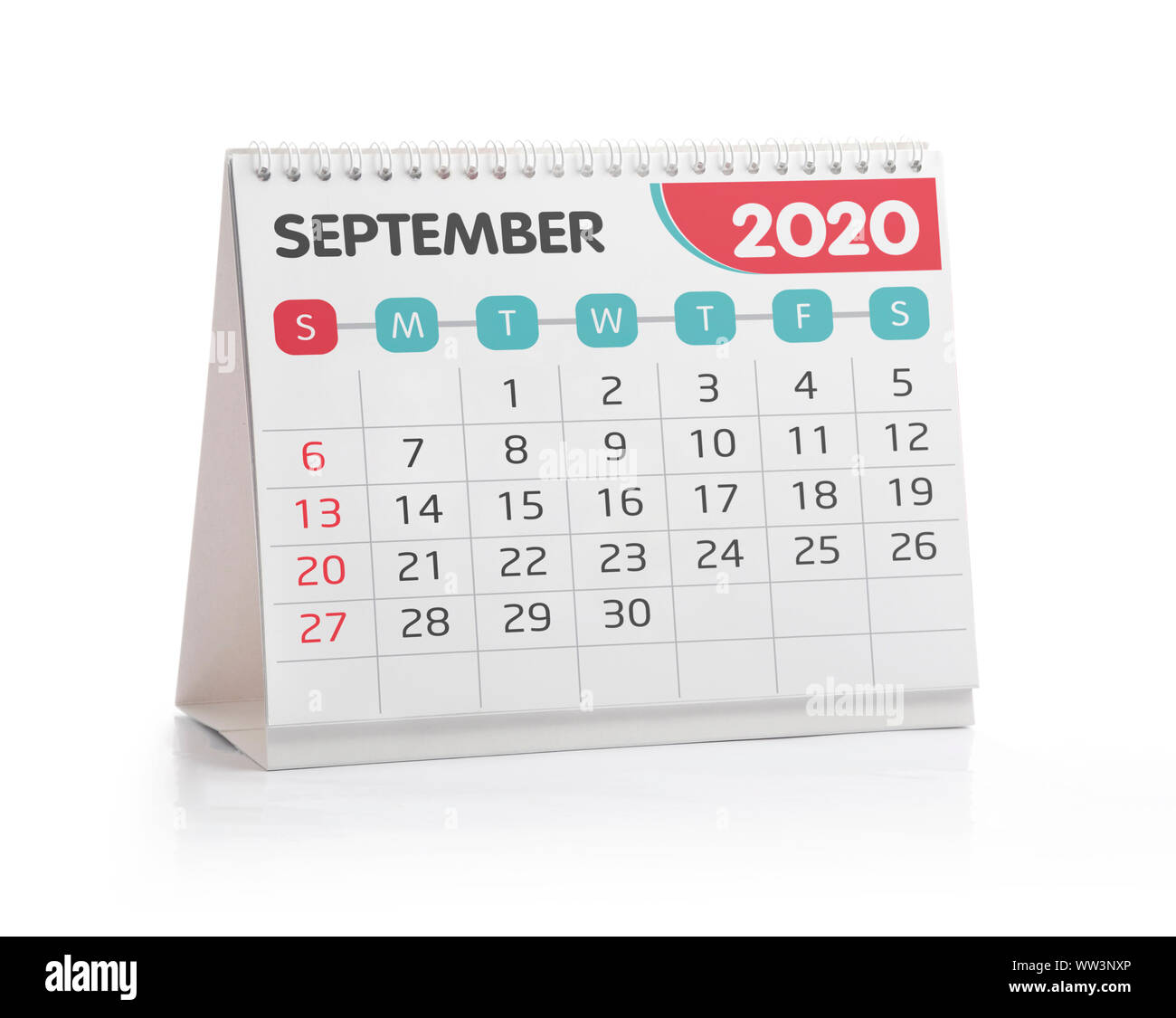 Septemper 2020 Desktop Kalender isoliert auf weißem Stockfoto