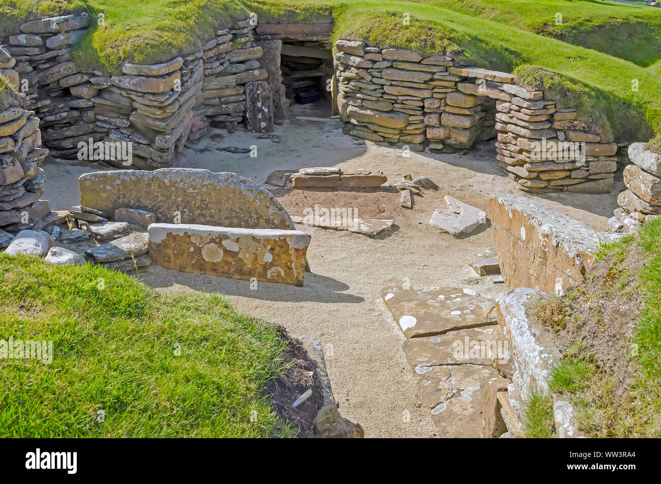 Skara Brae Neolitchic Abrechnung mehr als 5.000 Jahre alt ist der am besten erhaltene Steinzeit jungsteinzeitliche Dorf in Nordeuropa, Mainland Orkney, Sc Stockfoto