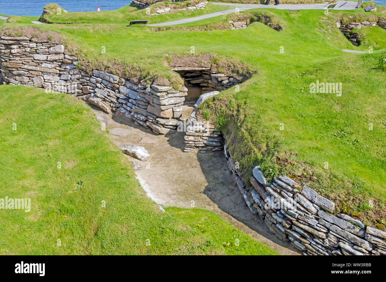 Skara Brae Neolitchic Abrechnung mehr als 5.000 Jahre alt ist der am besten erhaltene Steinzeit jungsteinzeitliche Dorf in Nordeuropa, Orkney, Schottland Stockfoto