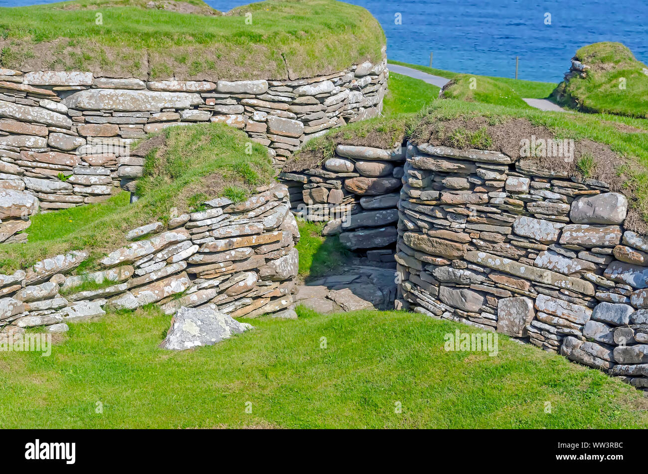 Skara Brae Neolitchic Abrechnung mehr als 5.000 Jahre alt ist der beste Steinzeit jungsteinzeitliche Siedlung im nördlichen Europa, Orkney, Schottland erhalten Stockfoto