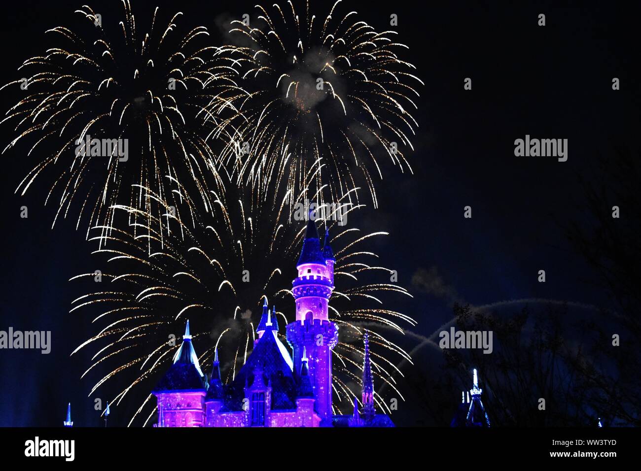 Feuerwerk über der Sleeping Beauty Castle Stockfoto
