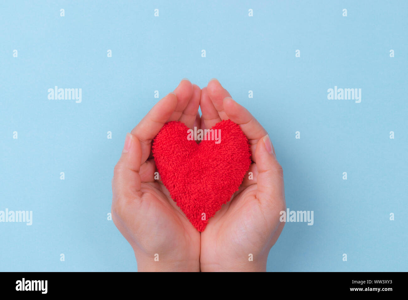 Frau Hand hält ein rotes Herz. World Heart Day Konzept. Stockfoto