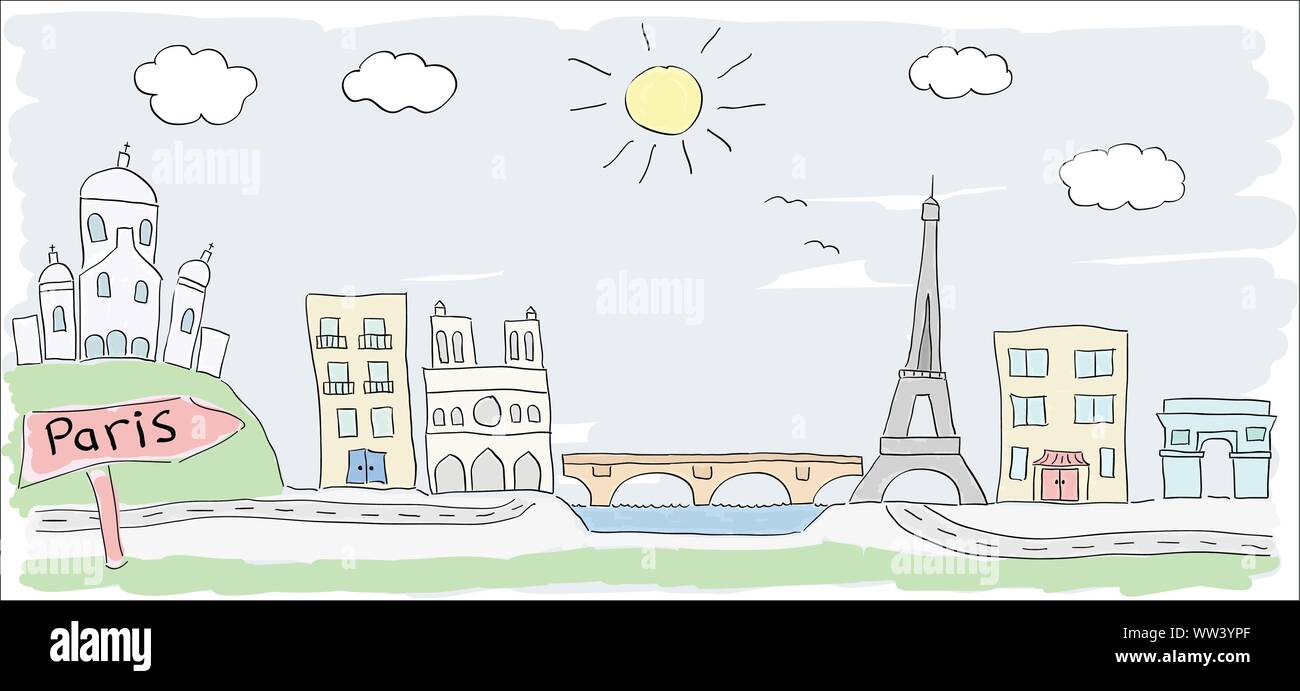Kind farbige Zeichnung der Stadt Paris in Frankreich mit Eiffelturm Stock Vektor