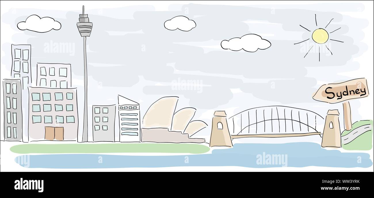 Kind farbige Zeichnung der Stadt Sydney in Australien mit Opera House Stock Vektor