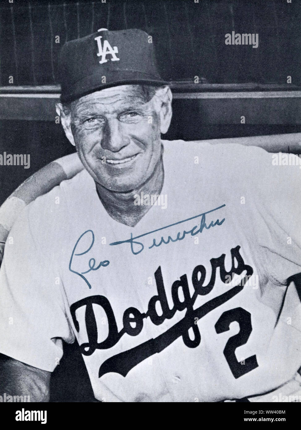 Vintage autographiertes Foto von Leo Durocher Wer war ein Baseball Spieler, Trainer und Manager in den grossen Ligen mit New York Giants, Brooklyn und Los Angeles Dodgers und der Chicago Cubs in den 1940er Jahren durch die 1970er Jahre. Stockfoto