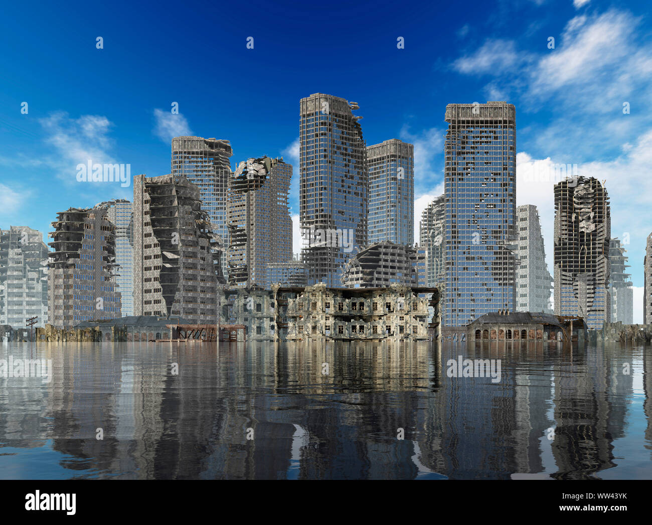 3D-Darstellung der globalen Erwärmung Ruinen einer Stadt apokalyptische Landschaft Konzept Stockfoto