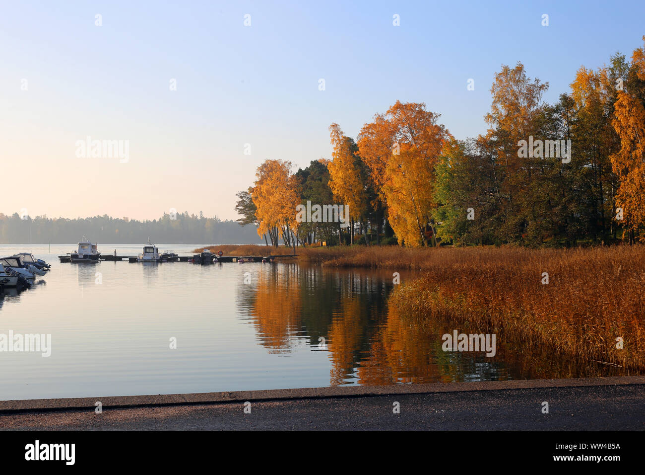 Schönen Herbst Landschaft aus Finnland. Auf diesem Foto ein bunter Wald und ruhige See, siehe auch kann, können Sie die Überlegungen des threes siehe Stockfoto