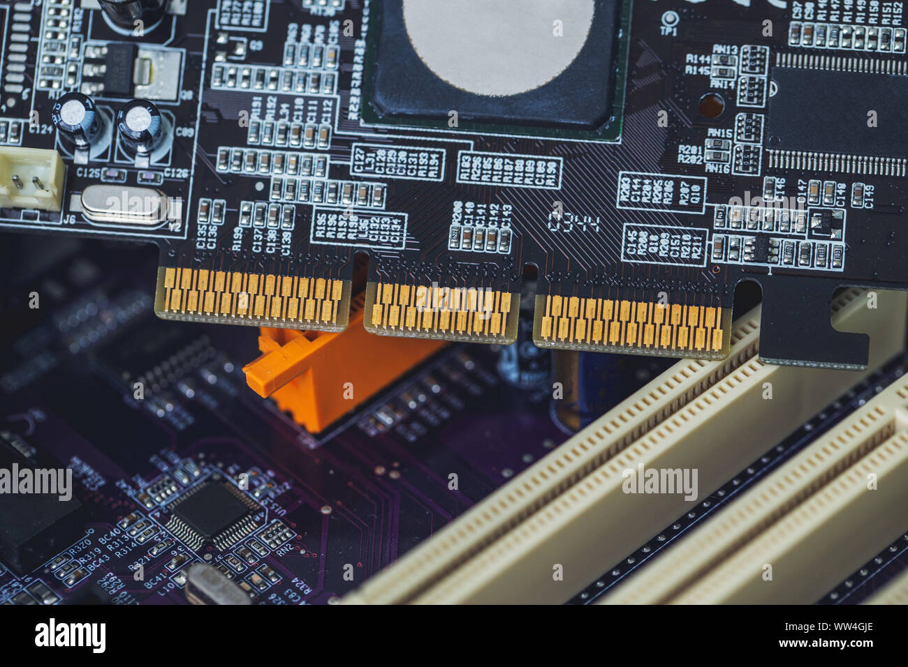 PCI Express Graphics PCB-Steckverbinder , Stift mit Schlitz in der Mutter Board Stockfoto