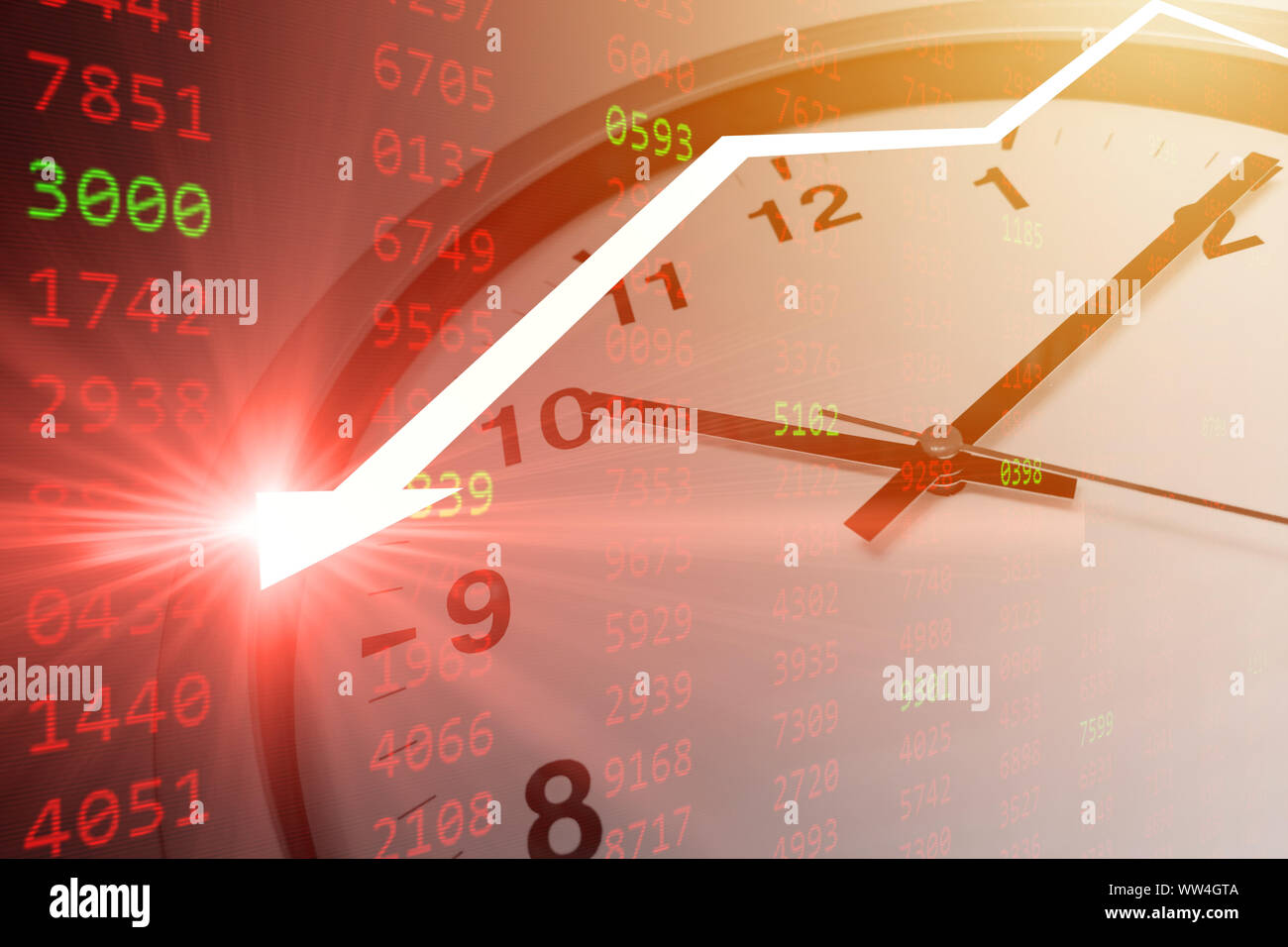 Fallend - rot Börse verkauf Stop-loss-Zeit Volumen Chart mit Pfeil abwärts und Clock Tag gehandelt wurde. Stockfoto