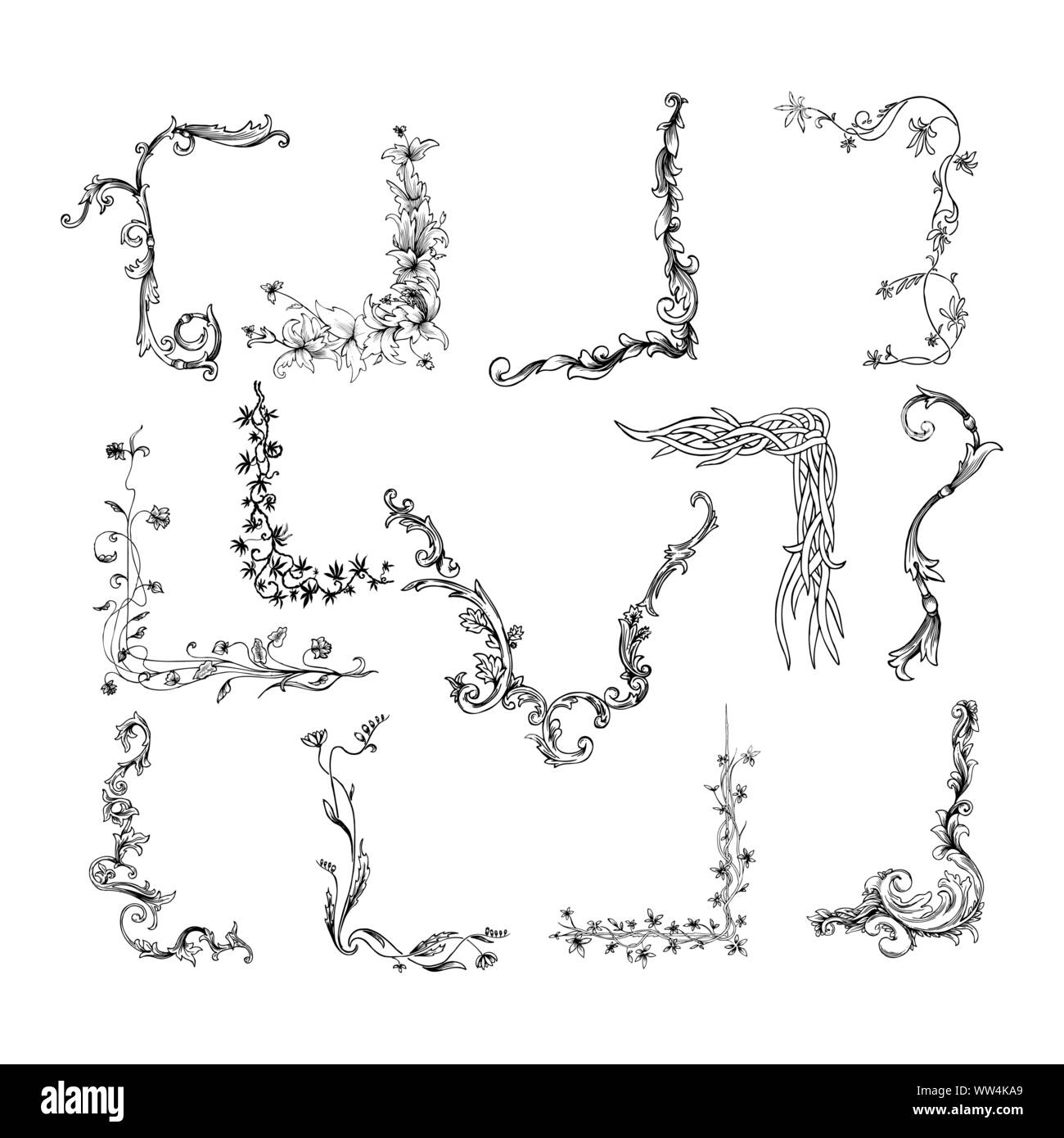 Design floral vector Pack, Hand gezeichnet Vintage floralen Elementen. Wirbelt, Lorbeeren, Frames, Pfeile, Blätter, Federn, Trennwände, Zweige, Banner und Kräuseln. Stock Vektor