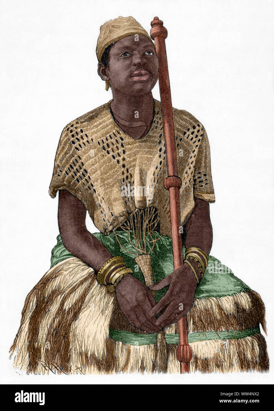 Afrika. Indigene der Küste in einem festlichen Kleid. Afrika inexplorada, el Continente Misterioso von Henry Morton Stanley, C. 1887. Später Färbung. Stockfoto