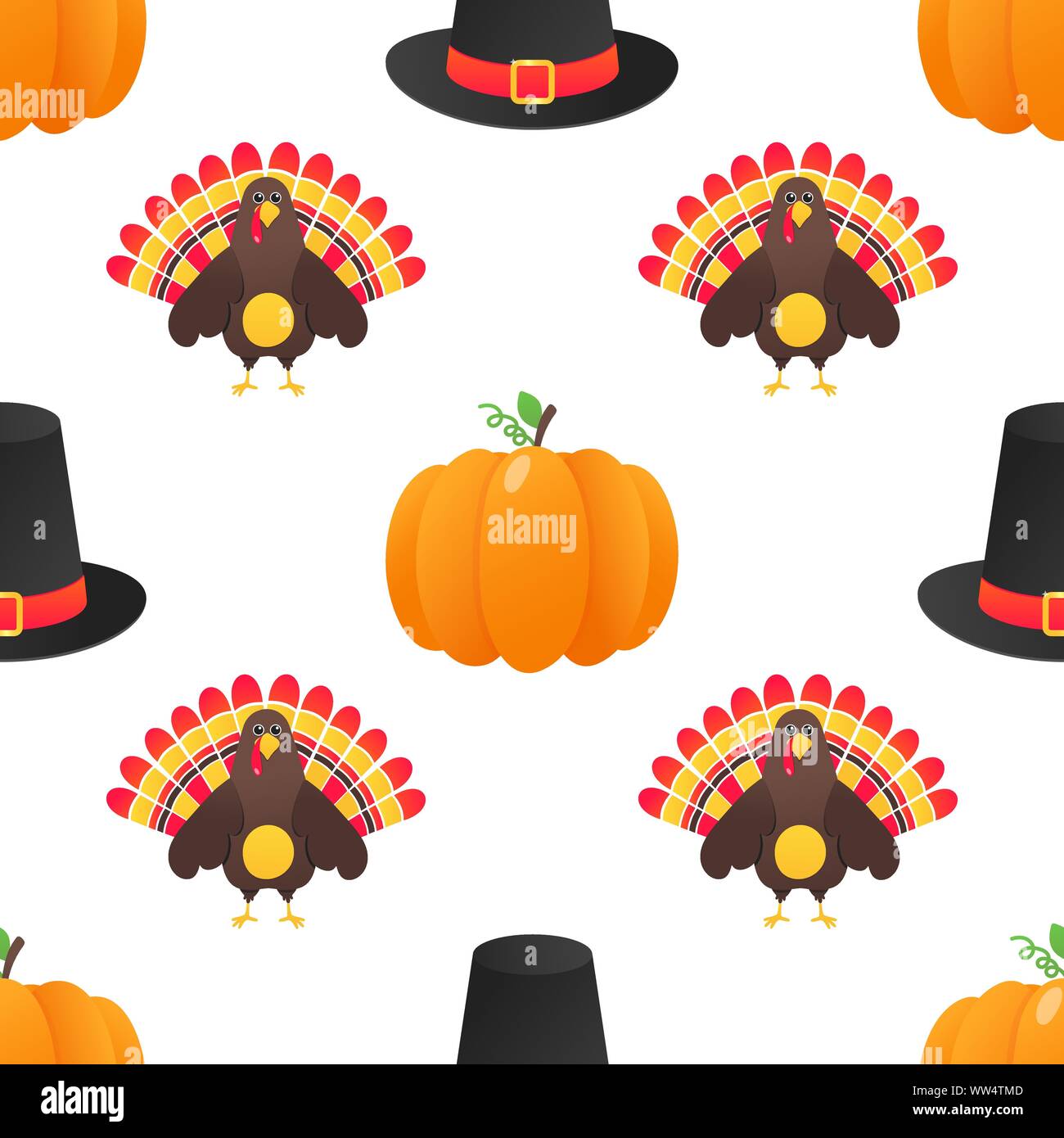 Nahtlose bunte Thanksgiving Muster mit der Türkei Vogel, Kürbisse und den Hut auf flachem Design Vector Illustration auf weißem Hintergrund Stock Vektor