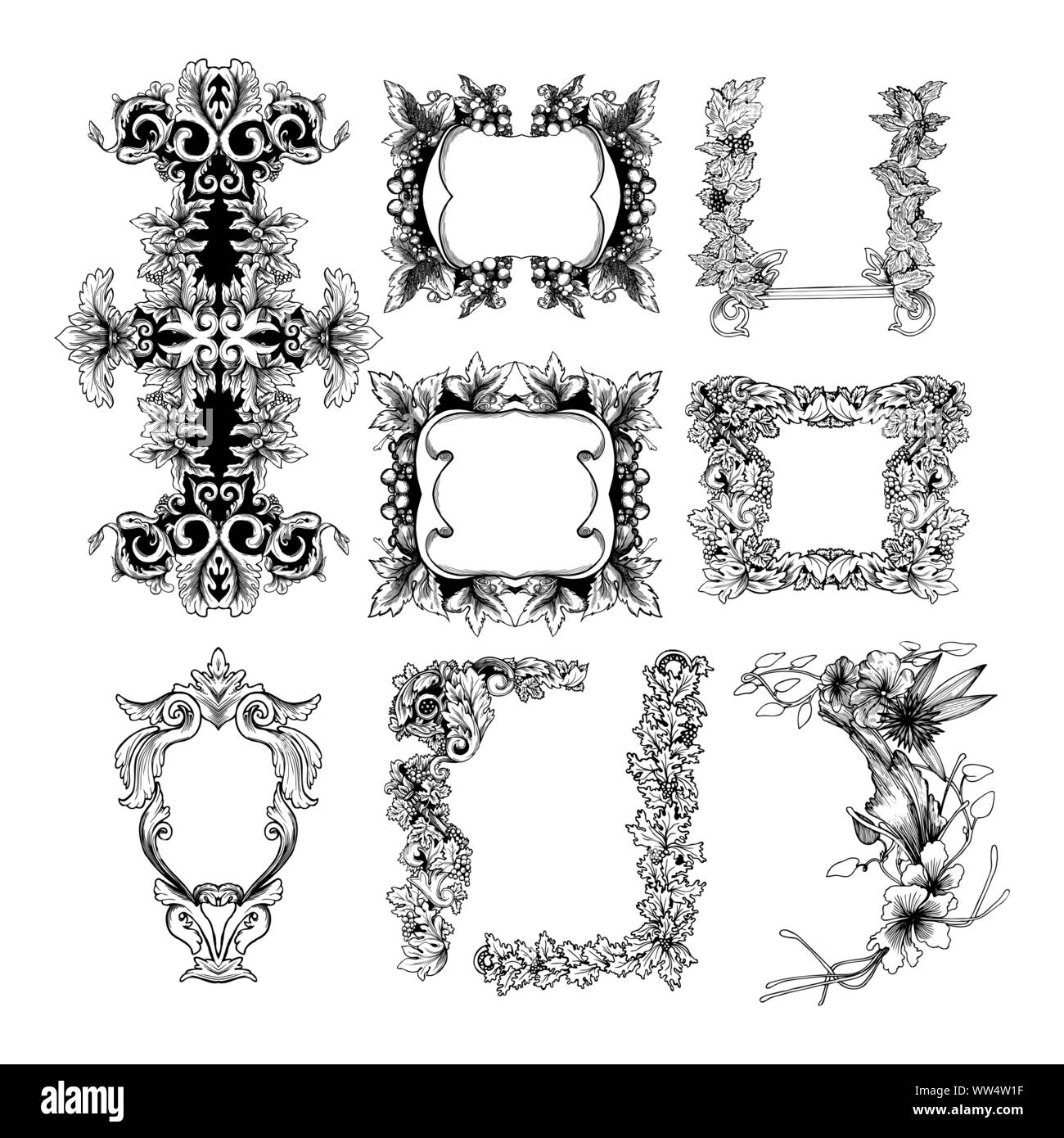 Design floral vector Pack, Hand gezeichnet Vintage floralen Elementen. Wirbelt, Lorbeeren, Frames, Pfeile, Blätter, Federn, Trennwände, Zweige, Banner und Kräuseln. Stock Vektor