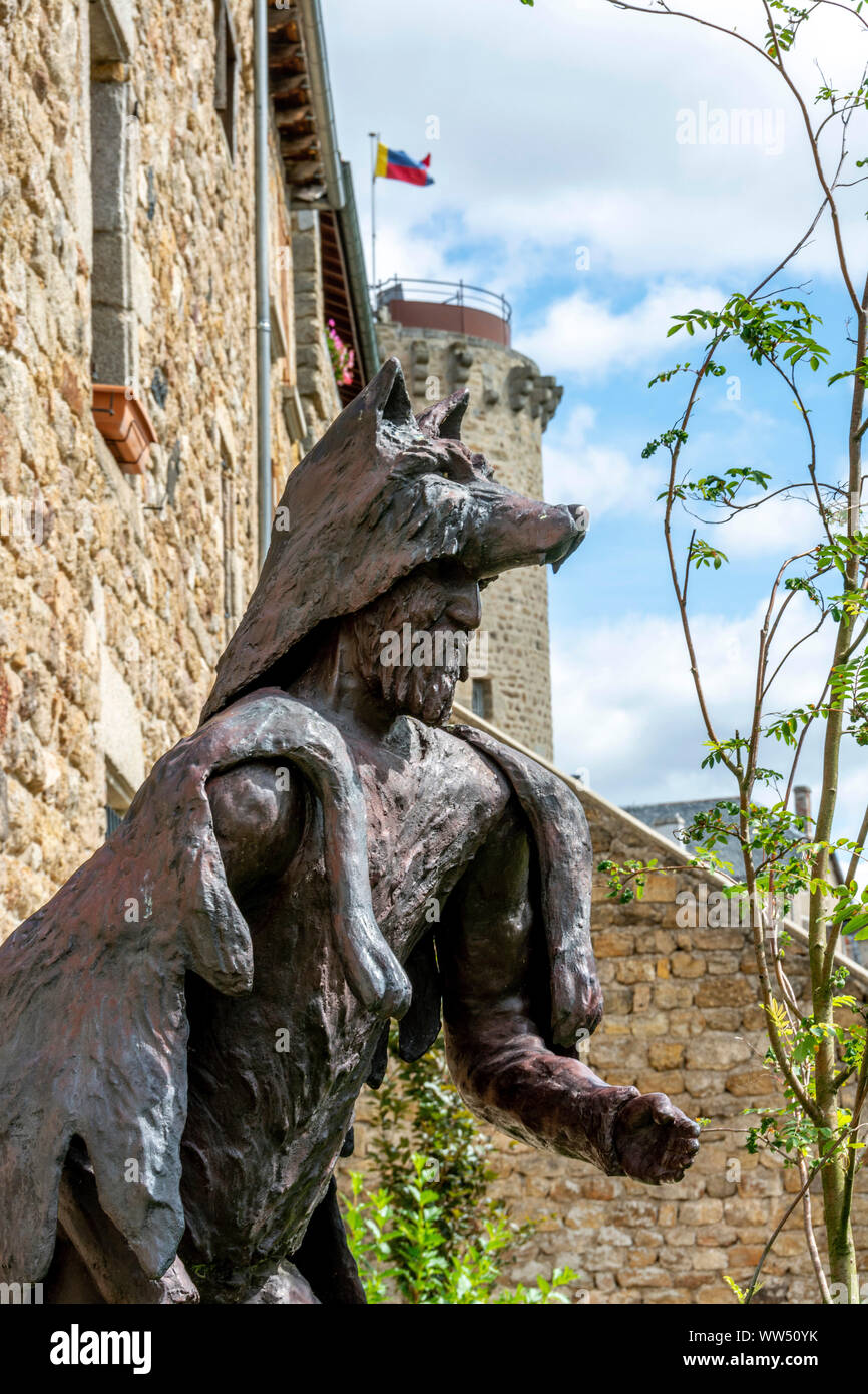 Le Malzieu Ville, Darstellung der Angriff der Bestie von Gévaudan, Lozère, Royal, Frankreich Stockfoto