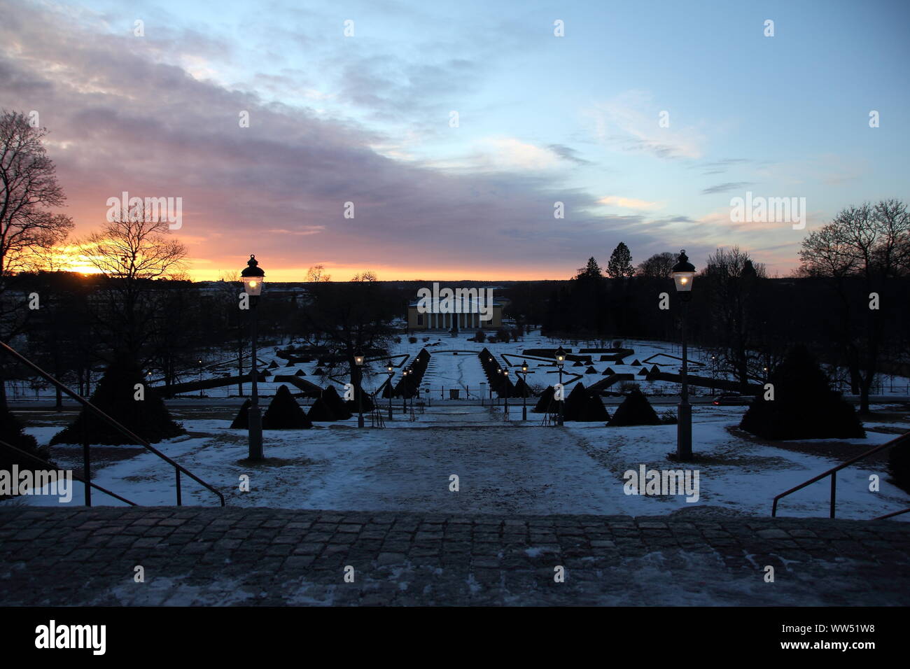 Sonnenuntergang über die Parks von Gunillaklockan in Uppsala Stockfoto