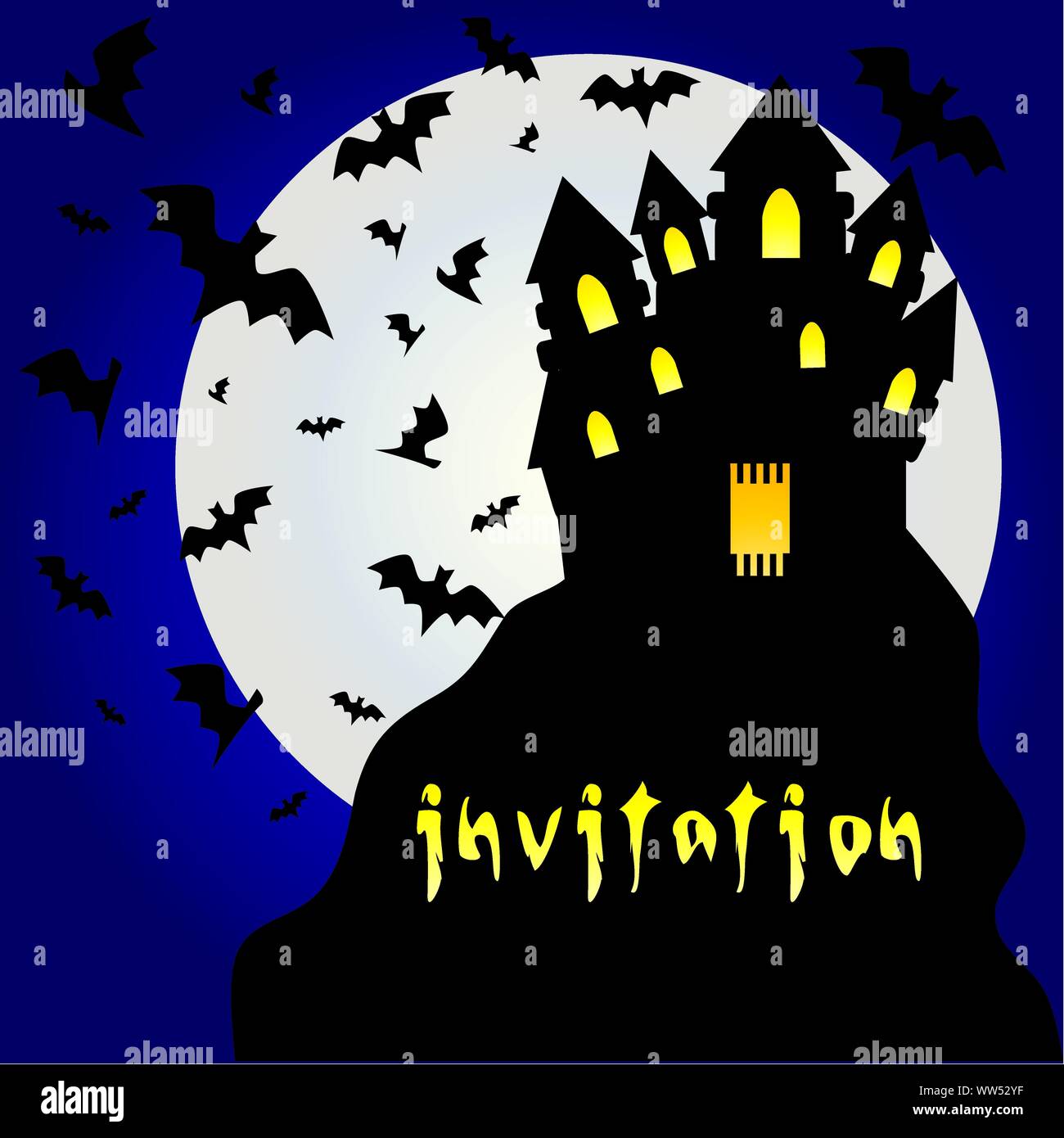 Halloween Halloween Einladung oder Karte mit Dracula Dark Castle mit Lichtern auf den Felsen und Fledermäuse und Mond, mit Platz für Text-, Vektor, Abbildung Stock Vektor