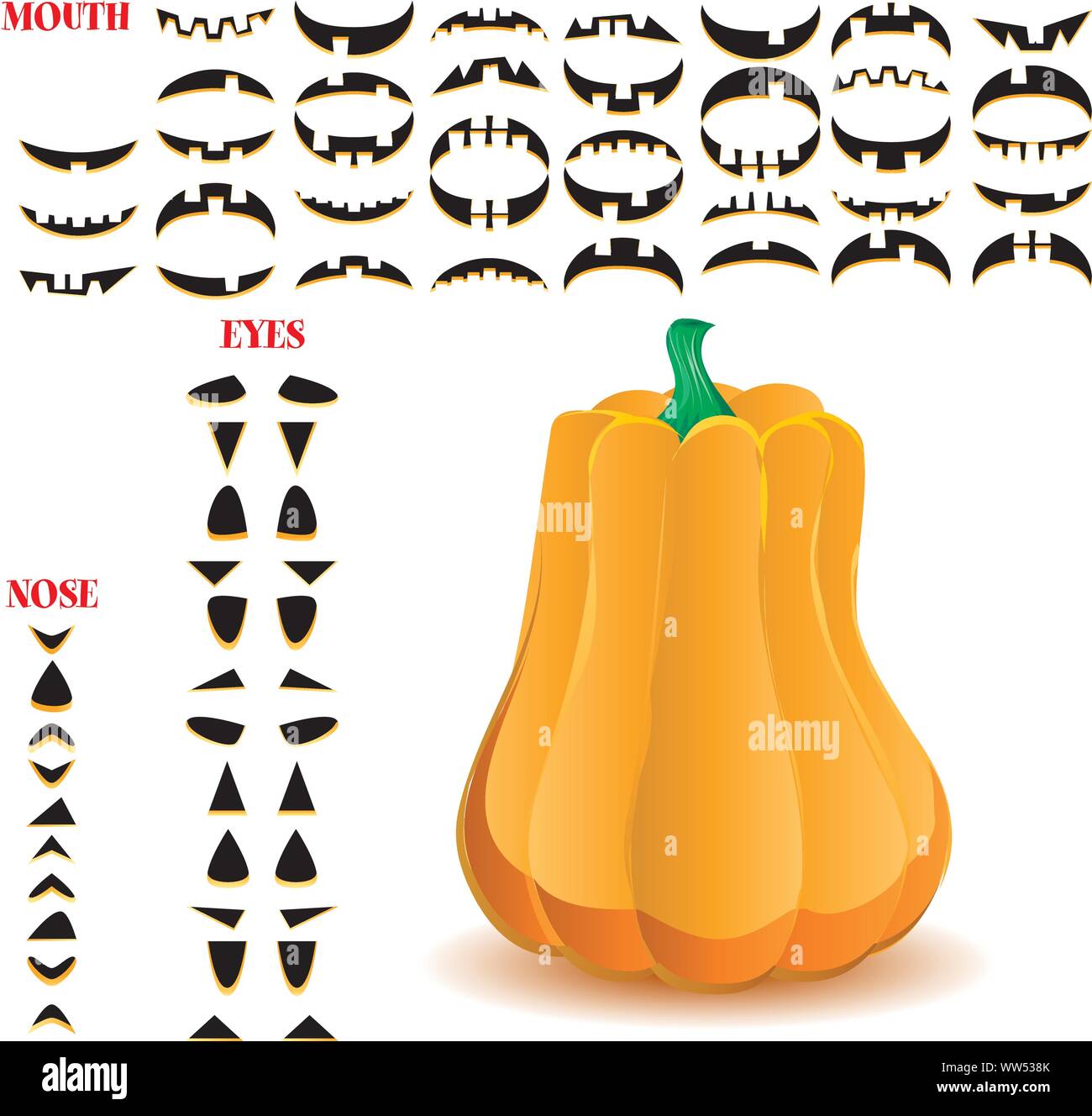 Halloween Kürbis mit großen Satz von Münder, Augen und Nasen für Jack O'Lantern Gesicht, Teil 12, Vector Illustration Stock Vektor