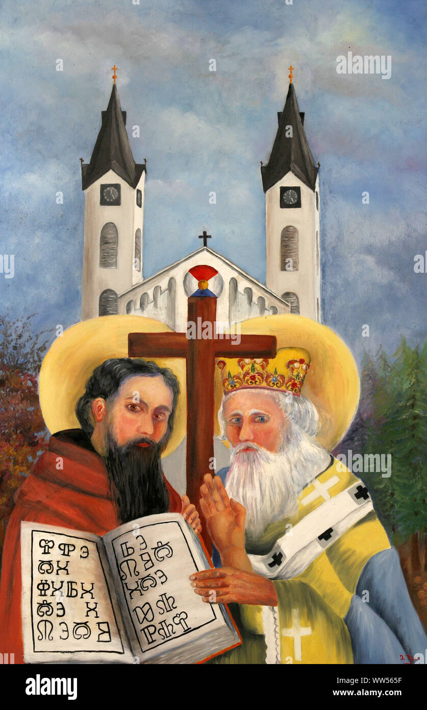 Die heiligen Cyrill und Methodius, Altarbild in der Kirche der Heiligen Maria Magdalena in Cazma, Kroatien Stockfoto