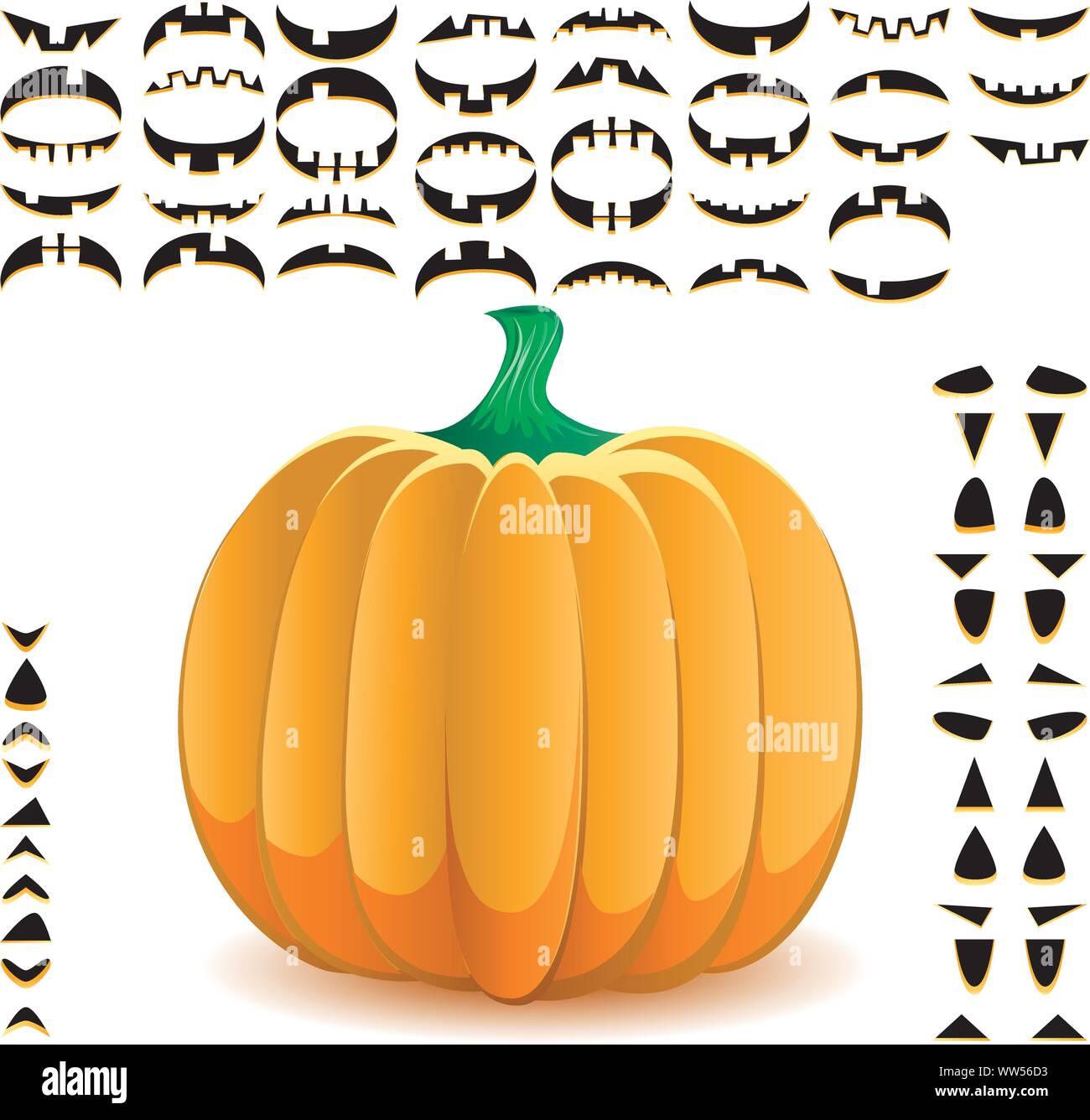 Halloween Kürbis mit großen Satz von Münder, Augen und Nasen für Jack O'Lantern Gesicht, Teil 9, Vektor, Abbildung Stock Vektor