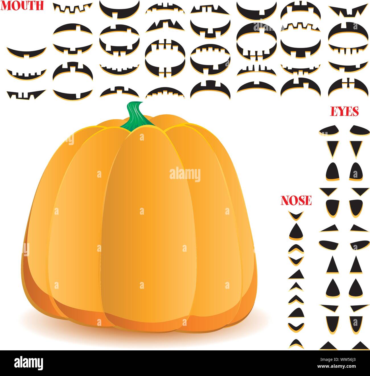 Halloween Kürbis mit großen Satz von Münder, Augen und Nasen für Jack O'Lantern Gesicht, Teil 11, Vector Illustration Stock Vektor