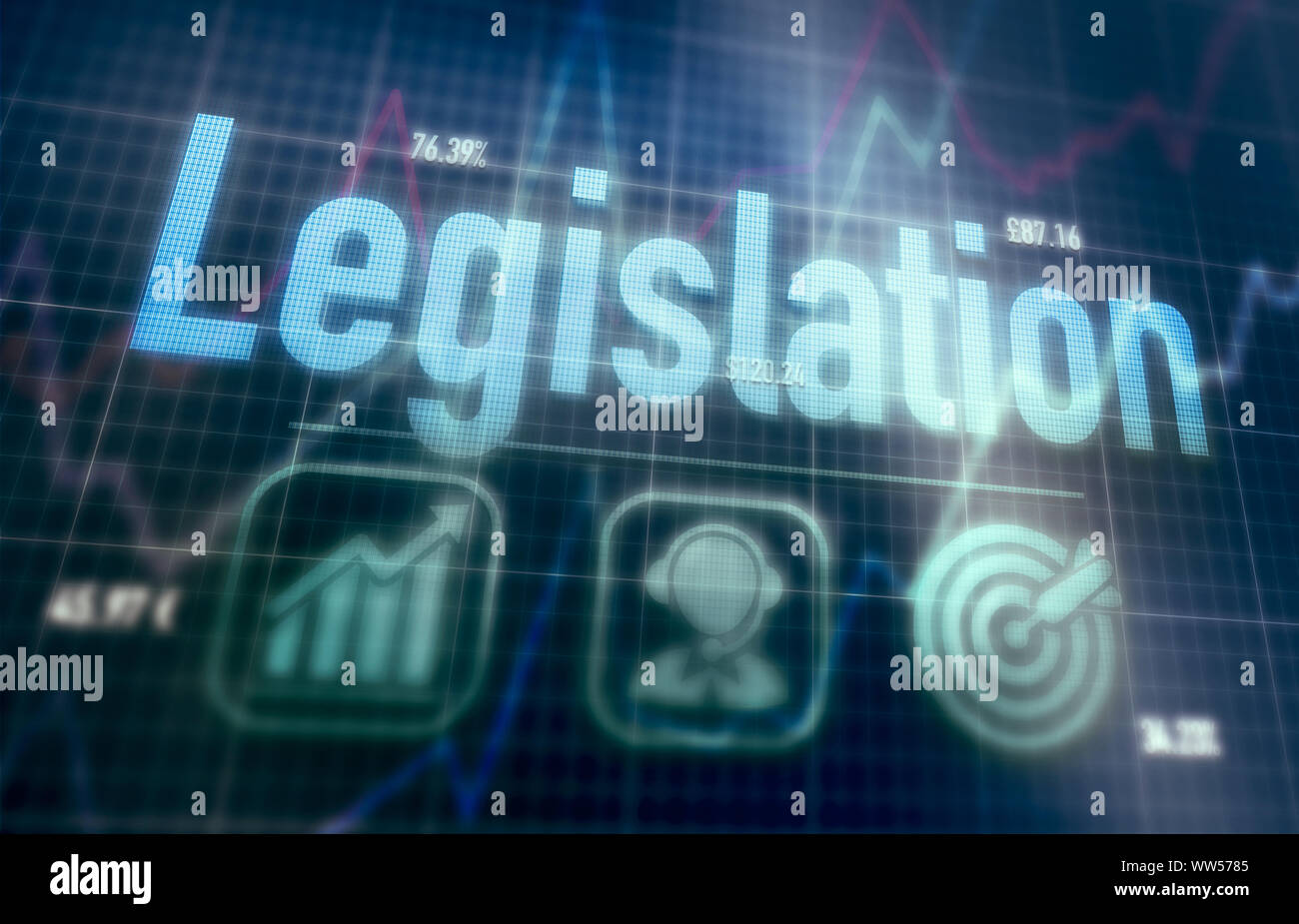 Gesetzgebung Konzept auf einem blauen dot matrix Computer angezeigt. Stockfoto