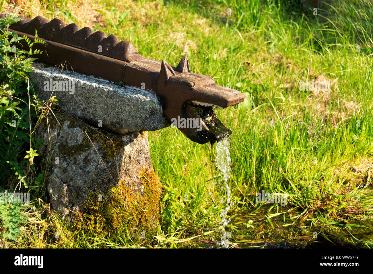 Brunnen, die die Bestie von Gévaudan, La Besseyre St Mary, Lozère, Royal, Frankreich, Europa Stockfoto