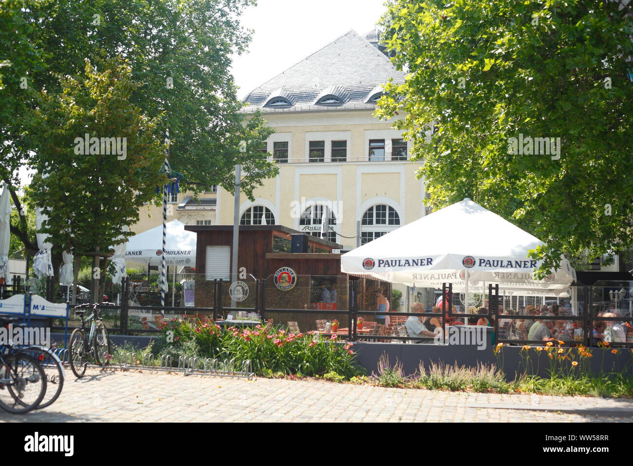 Biergarten Rheingarten, Bingen, Unesco Welterbe Oberes Mittelrheintal, Rheinland-Pfalz, Deutschland, Europa Stockfoto