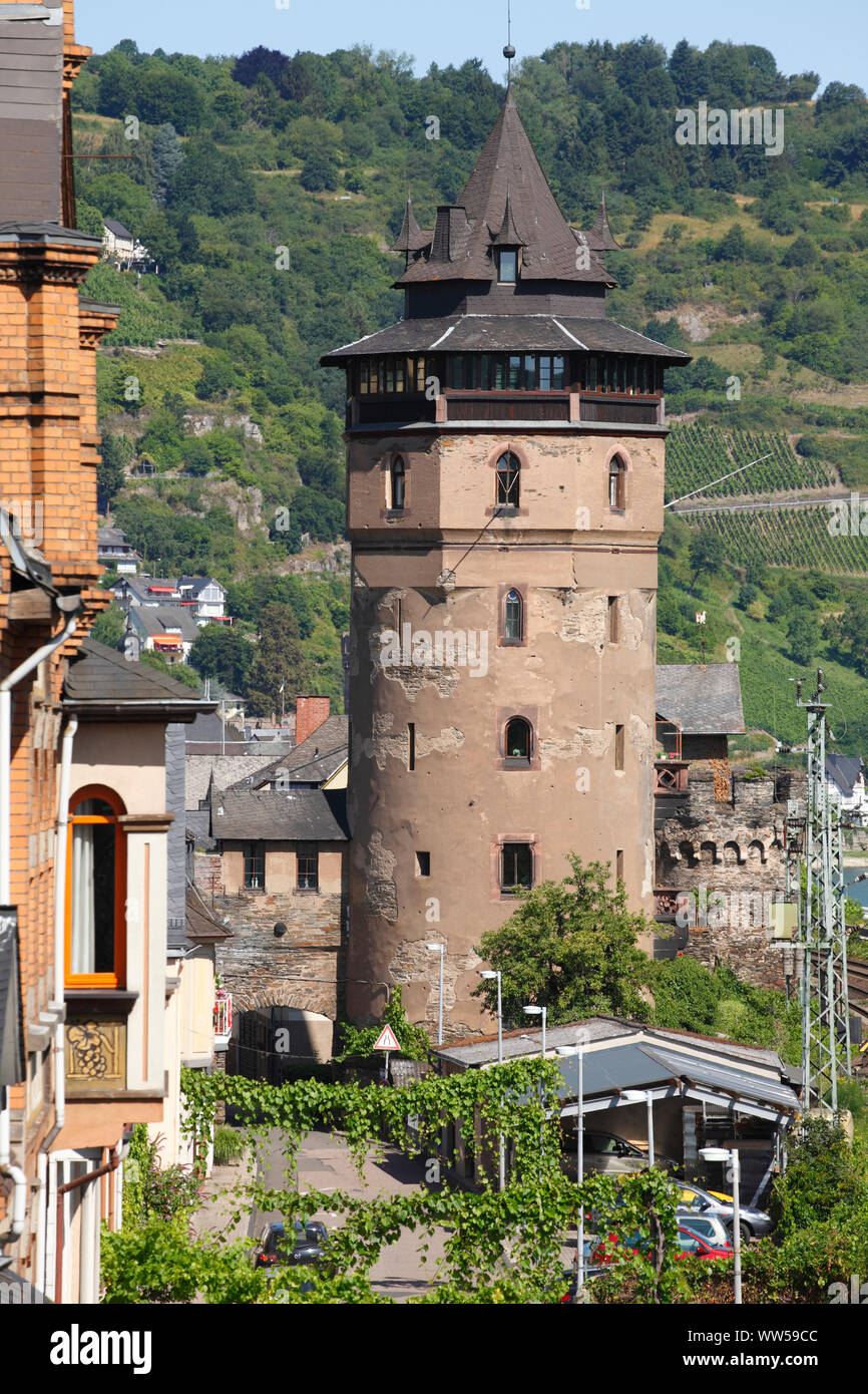 Stadt Turm mit Stadtmauer, Altstadt, Oberwesel, Unesco Welterbe Oberes Mittelrheintal, Rheinland-Pfalz, Deutschland, Europa Stockfoto