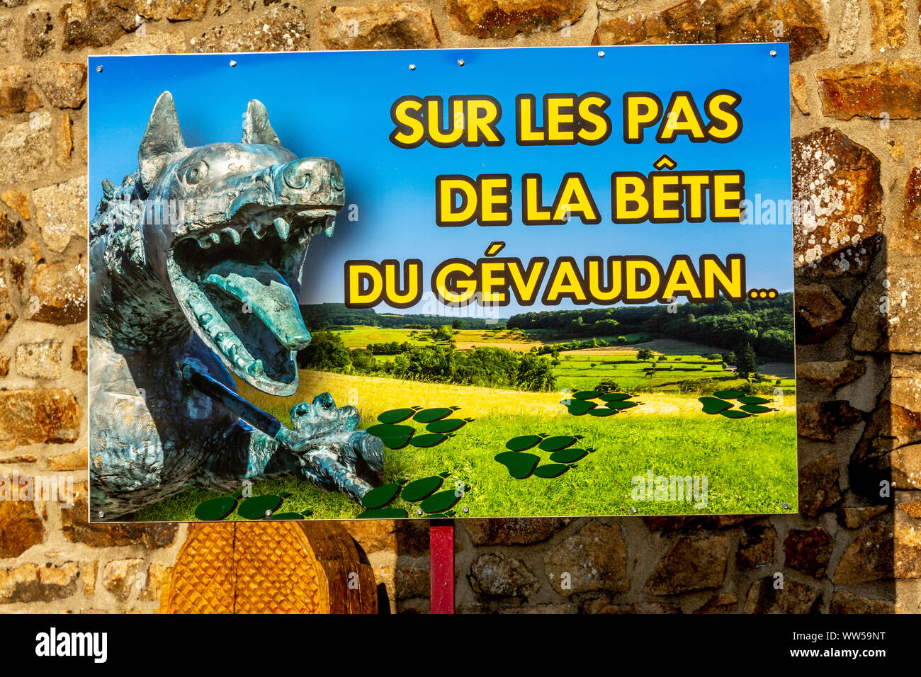 Auvers Dorf, Anzeichen der Region der Bestie von Gévaudan, Haute-Loire, Auvergne-Rhone-Alpes, Frankreich, Europa Stockfoto