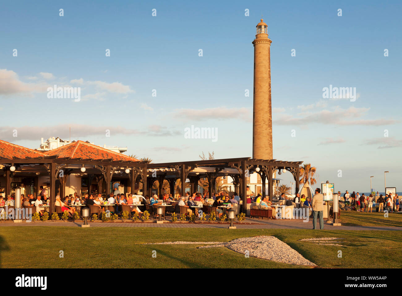 Restaurant am Leuchtturm Faro de Maspalomas, Maspalomas, Gran Canaria, Kanarische Inseln, Spanien Stockfoto