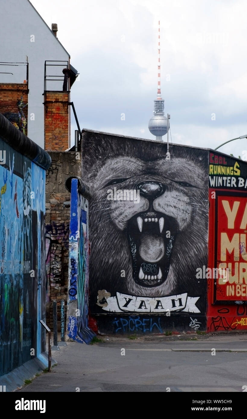 Zeichnung eines Löwen an der Wand neben der East Side Gallery mit dem Fernsehturm im Hintergrund in Berlin, Stockfoto