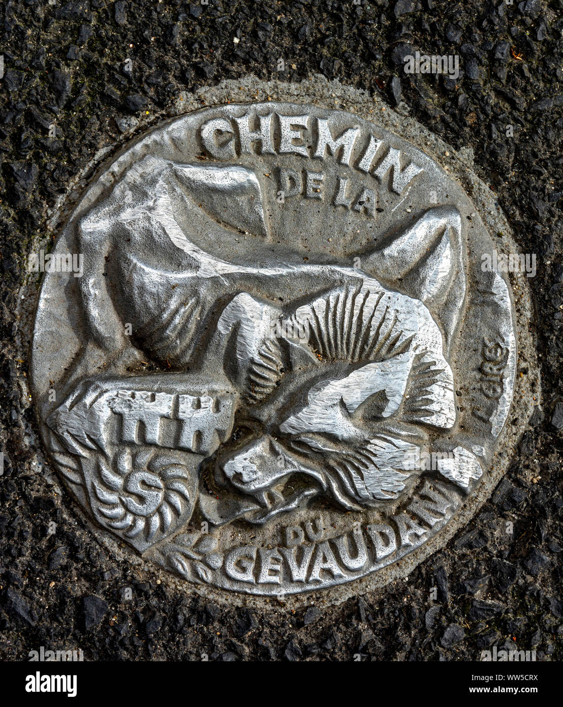 Saugues, Zeichen für die Bestie von Gévaudan, Haute-Loire, Auvergne-Rhone-Alpes, Frankreich, Europa Stockfoto
