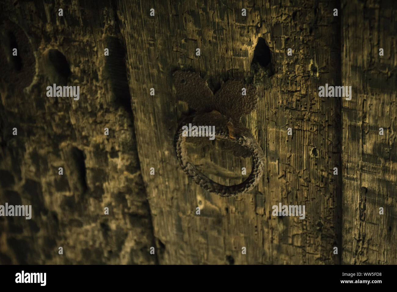 Ein altes, verrostetes Eisen Ring auf eine schwere hölzerne Wand, Stockfoto