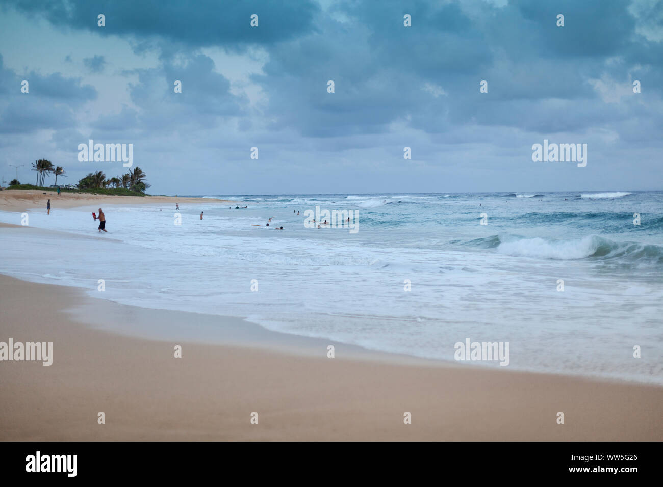 Hoher Wellengang auf dem sandigen Strand, Hawaii, USA Stockfoto