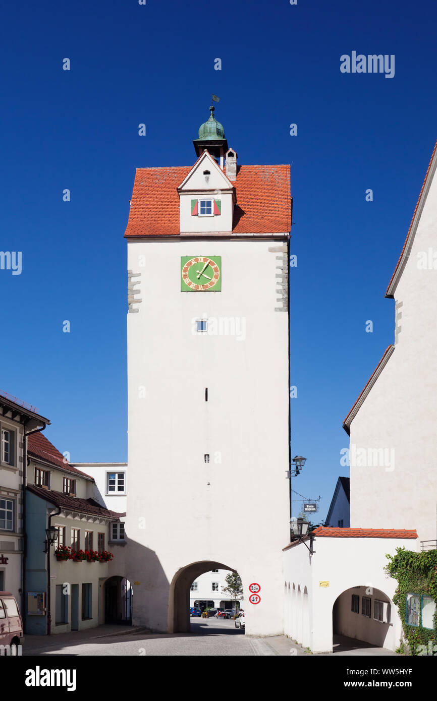 Wasserturm mit Wasser tor Museum, Isny, Oberschwaben, Baden-Württemberg, Deutschland Stockfoto