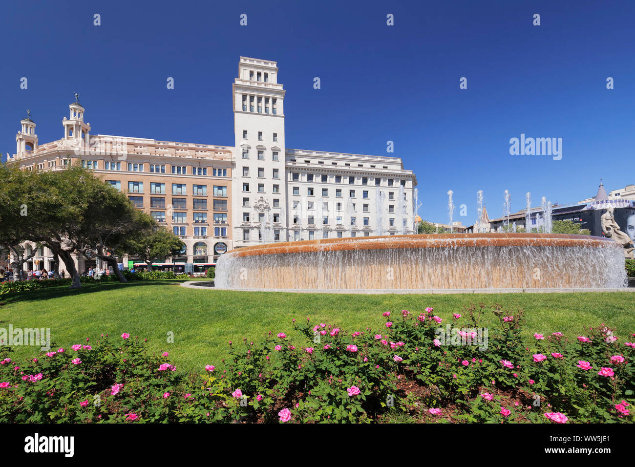 Placa de Catalunya, Springbrunnen, Banco Espanol de Credito, Barcelona, Katalonien, Spanien Stockfoto