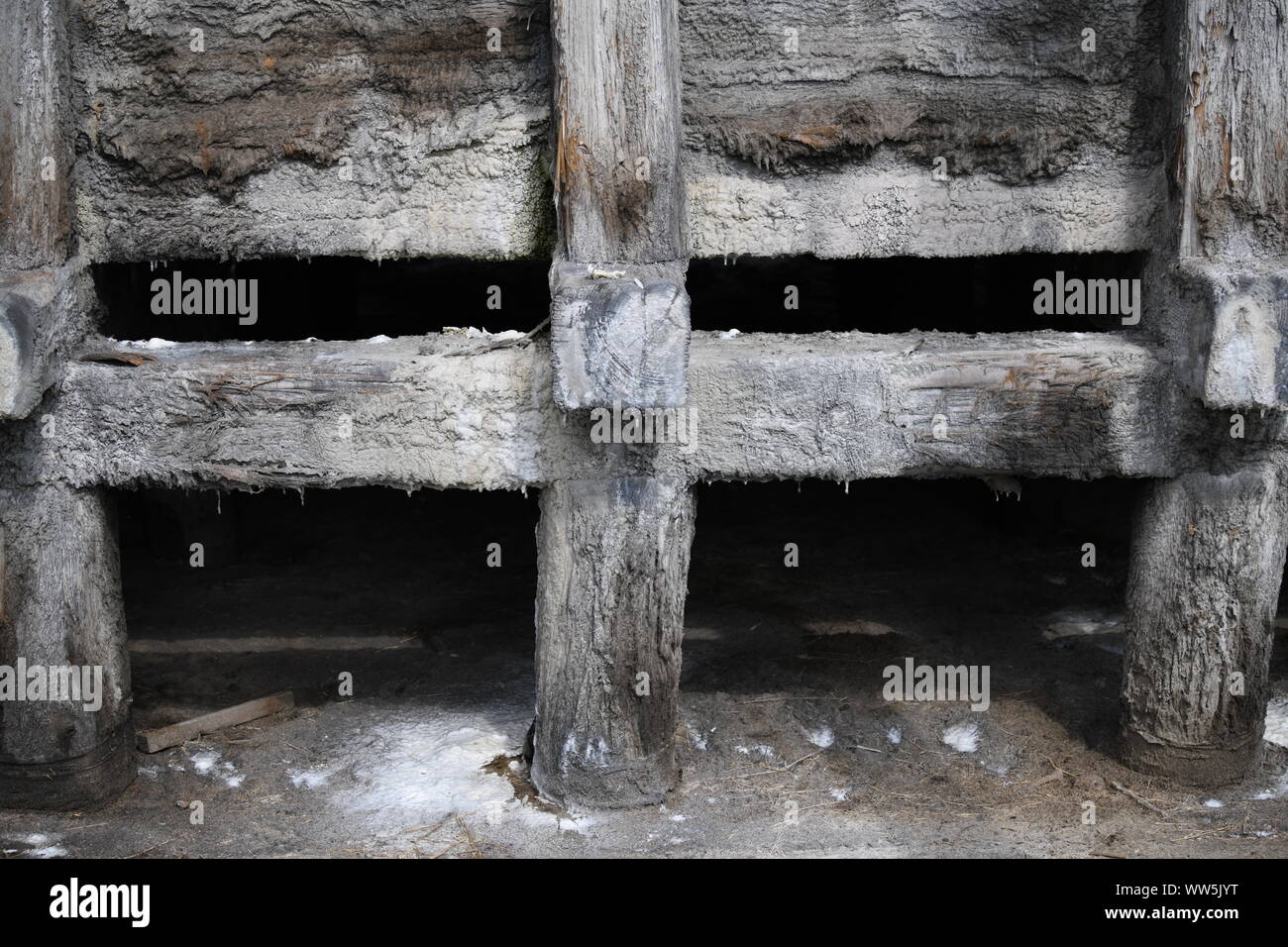 Eine Nahaufnahme eines Salzes Fleck auf Holz - Graduierung Turm Ciechocinek Polen Stockfoto