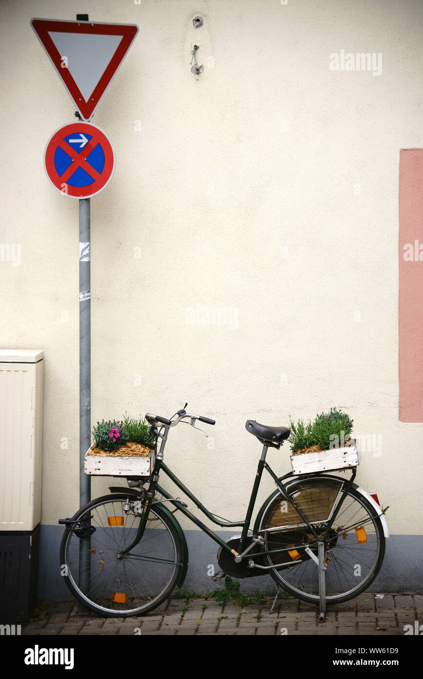 Ein altes Fahrrad mit Blumenkästen auf pannier Rack eingerichtet, Stockfoto