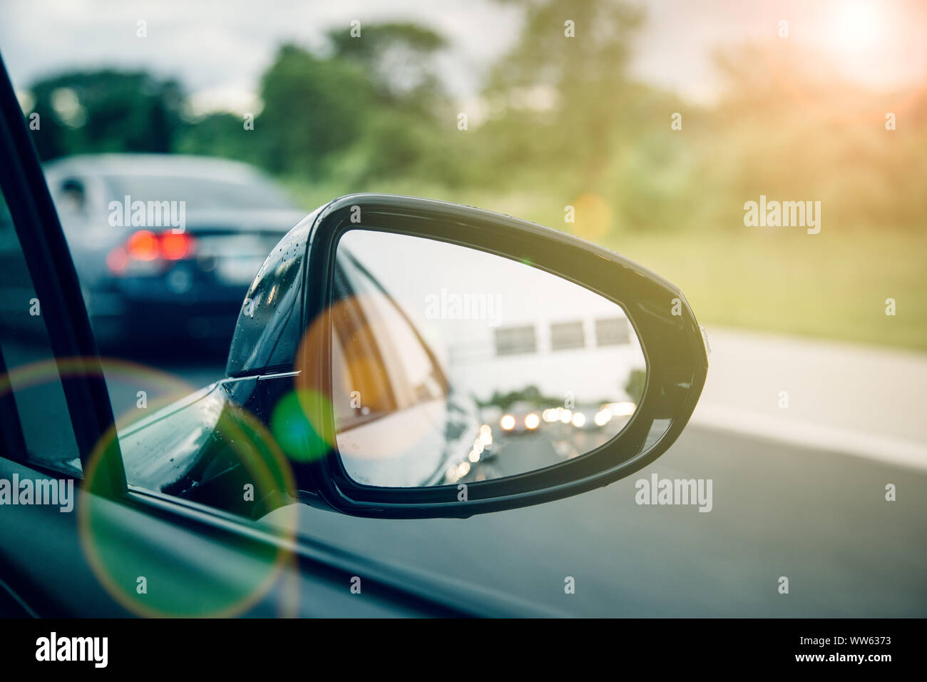 Nahaufnahme einer Rückspiegel im Stau, United States Stockfoto