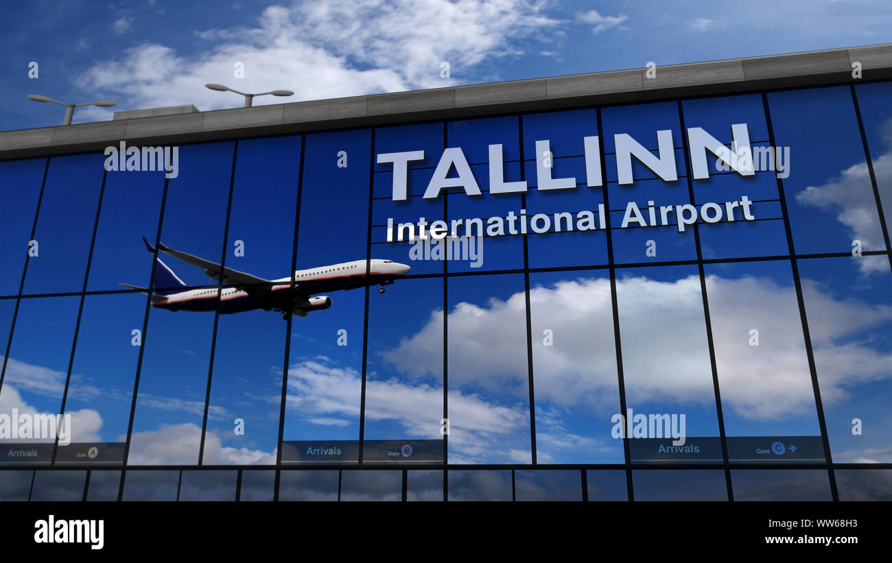 Jet Flugzeug Landung in Tallinn, Estland 3D Rendering Illustration. Ankunft in der Stadt mit dem Glas Airport Terminal und Reflexion der Ebene. T Stockfoto