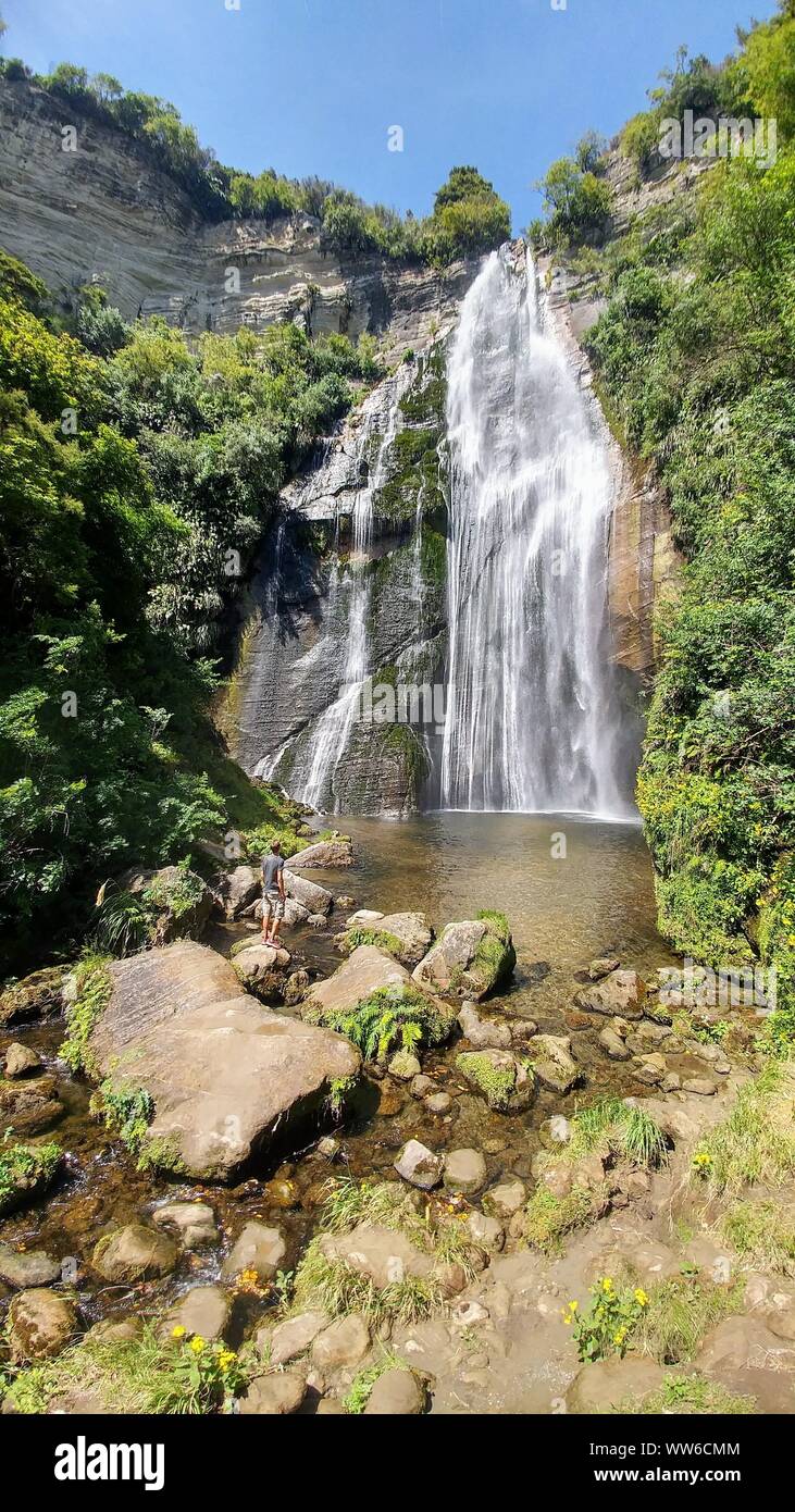 Person vor einem Wasserfall steht, Glanz fällt in Neuseeland Stockfoto