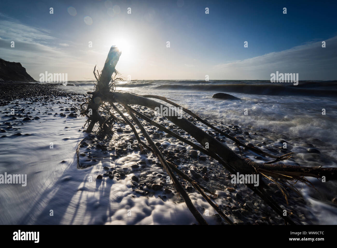 Ostsee am Abend licht und lange Belichtung, untergehende Sonne leuchtet, Äste und Steine im Meer Wasser Stockfoto