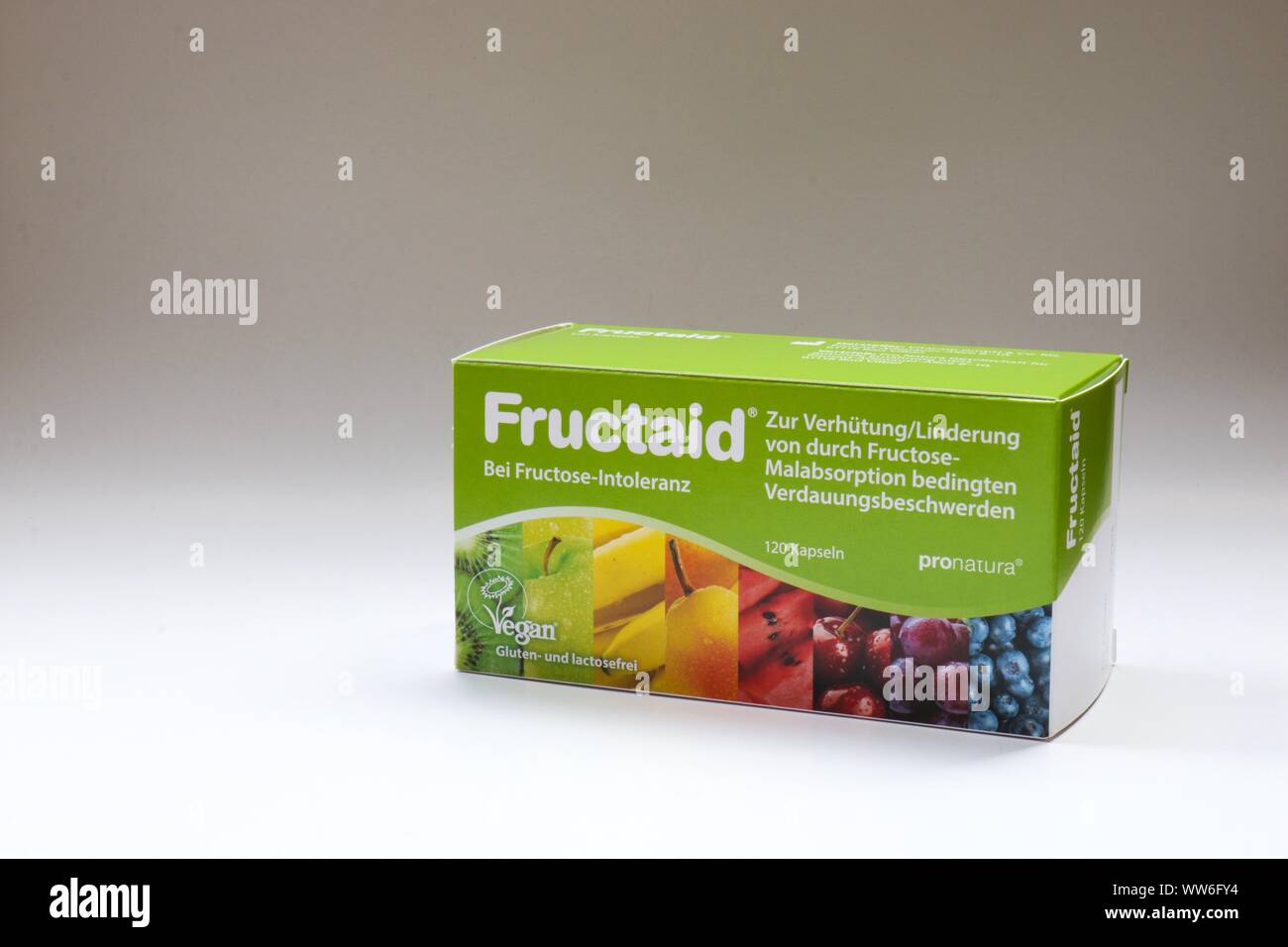 BERLIN - August 30, 2019: Fructaid Kapseln. Eine Medizin, die den Menschen hilft, mit Fructose Intoleranz / fruchtzucker Malabsortion zu verdauen, dass ich Stockfoto