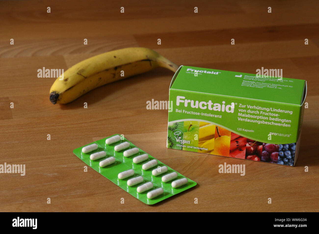 BERLIN - August 30, 2019: Fructaid Kapseln und einer Blisterpackung. Eine Medizin, die hilft Menschen mit Fructose-intoleranz/Malabsortion zu verdauen Stockfoto