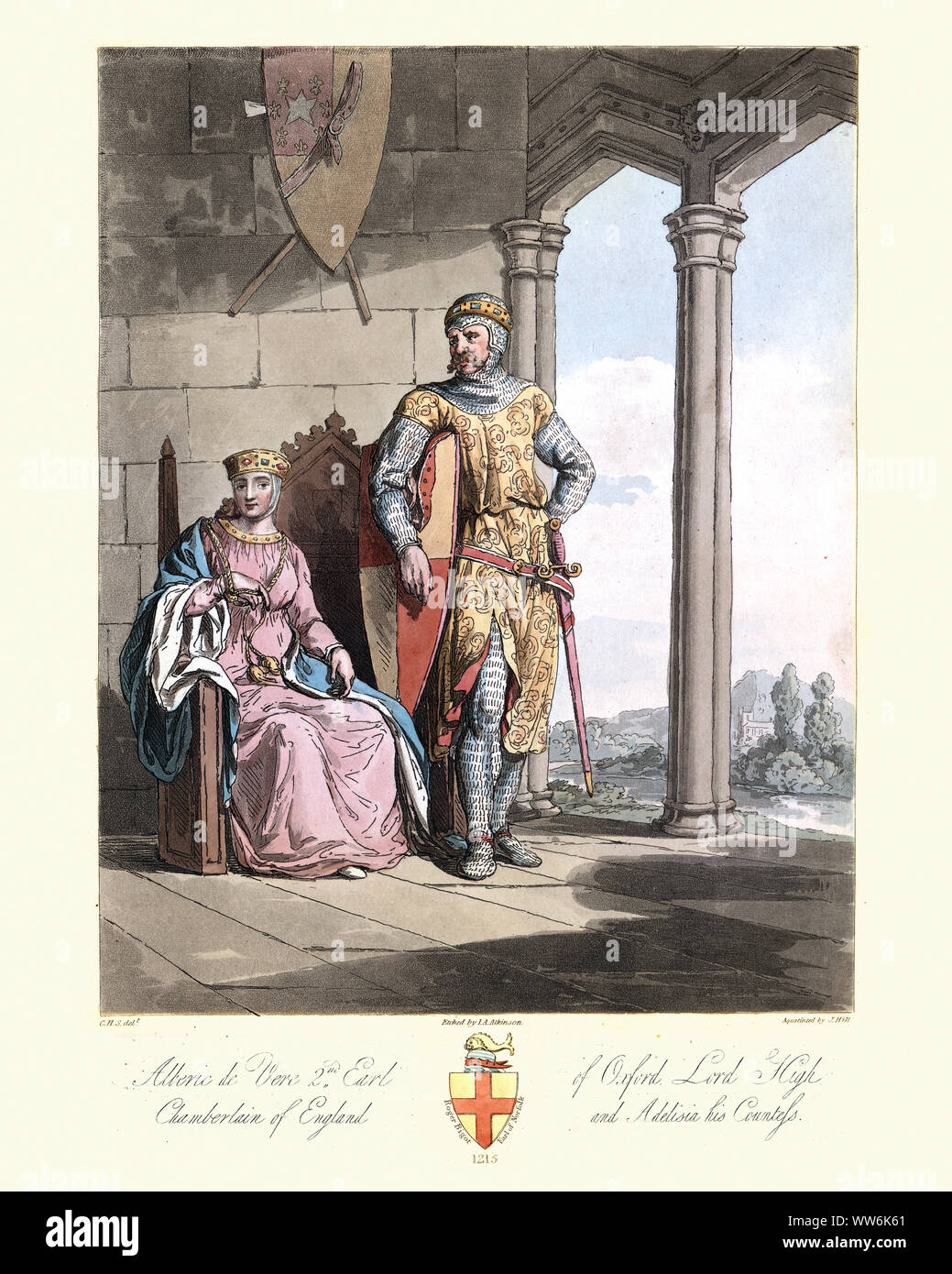 Vintage Gravur von Aubrey de Vere, Earl of Oxford (C. 1163 - 1214), erbliche Master Chamberlain von England, der militärischen Kampagnen unter serviert. Stockfoto