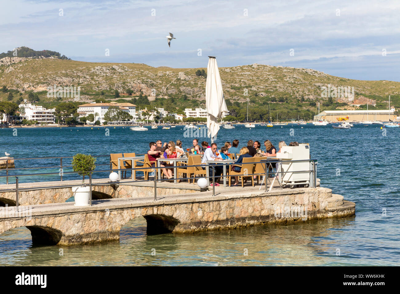 Bar am Hafen, Port de Pollenca, im Nordosten der Insel Mallorca, Mittelmeer, Balearen, Spanien, Südeuropa Stockfoto