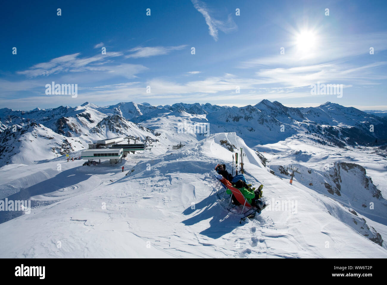 Ski im Skigebiet Obertauern, Obertauern, Salzburger Land, Österreich. Stockfoto