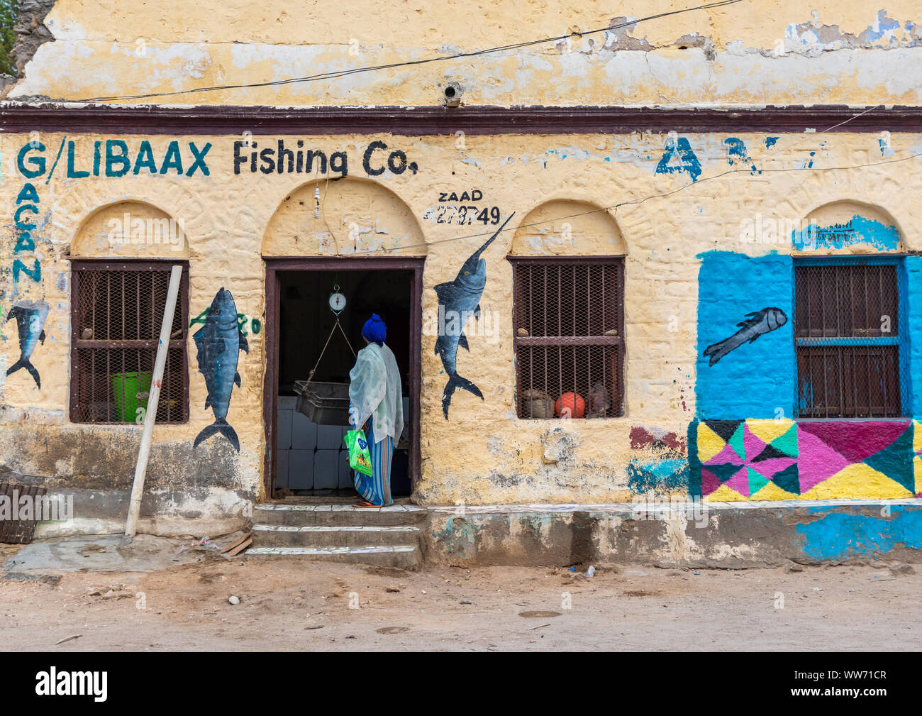 Fischer shop Wandbild, Sahil region, Berbera, Somaliland Stockfoto