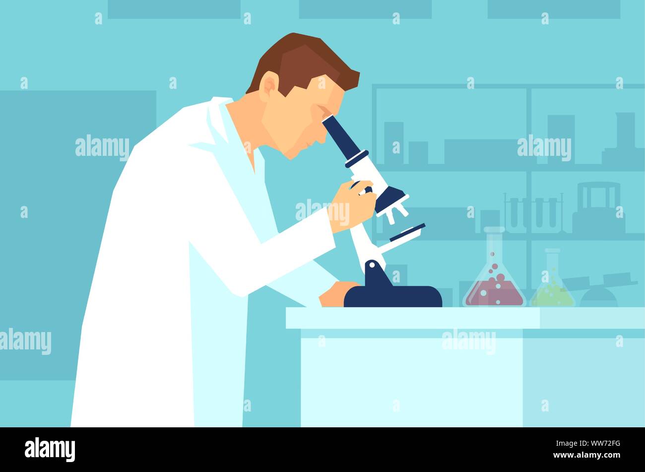 Vektor eines Mannes, der Wissenschaftler oder klinische Pathologe in ein Mikroskop mit Labor und Ausrüstung Hintergrund Stock Vektor