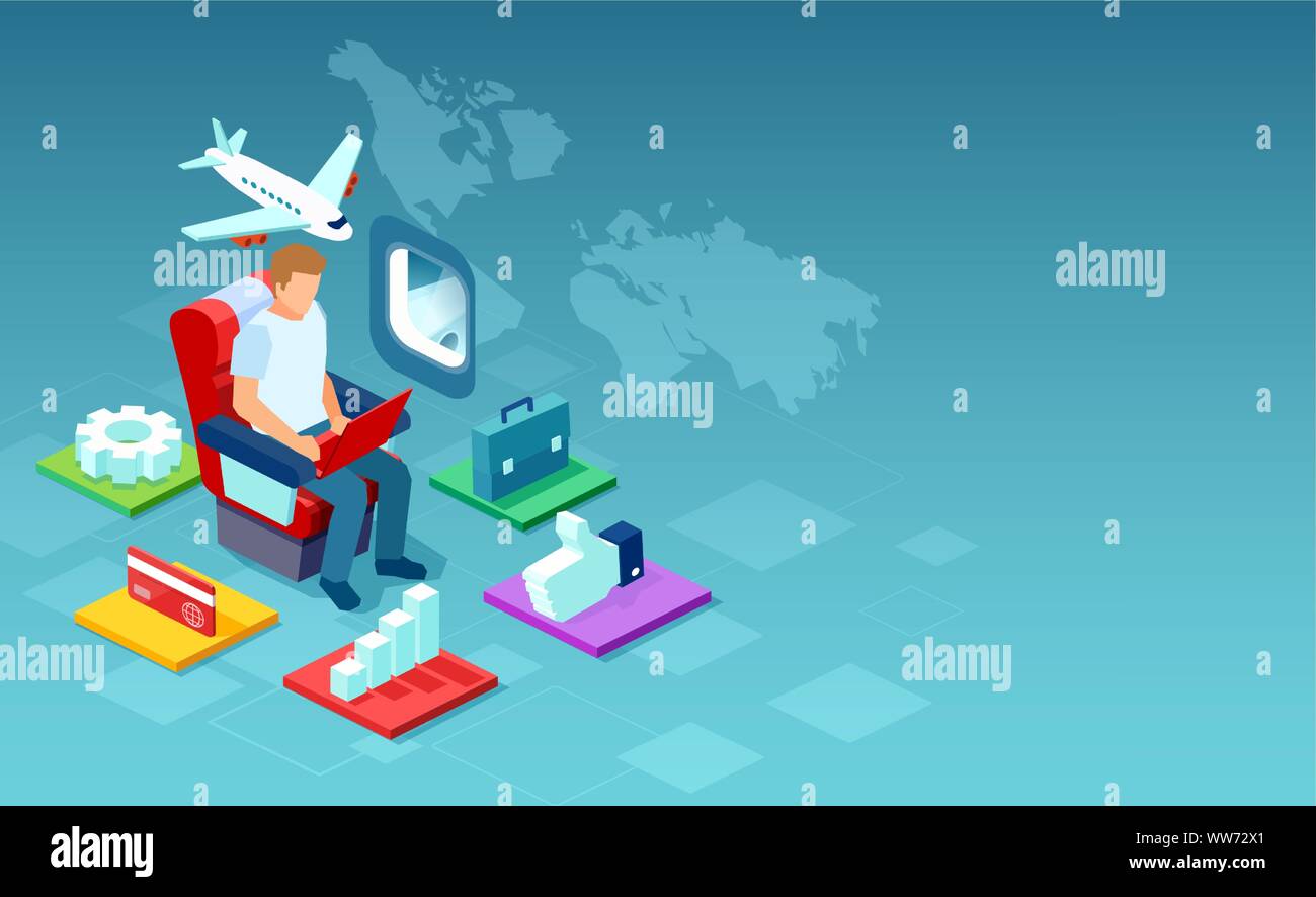 Vektor eines Menschen arbeiten am Laptop online über WLAN an Bord der Fluggesellschaft zur Verfügung gestellt. Stock Vektor